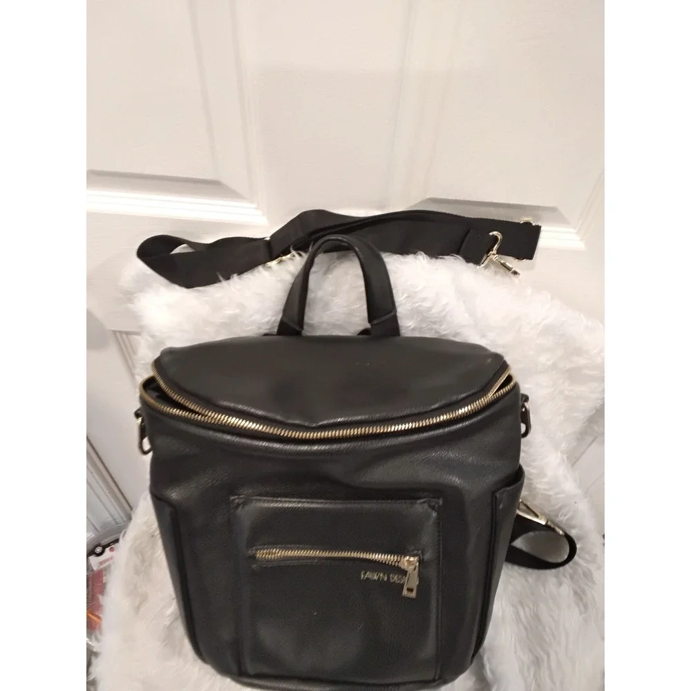 Fawn Design Diaper‎ Bag Backpack Black Faux Leather Gold Hardware Convertible